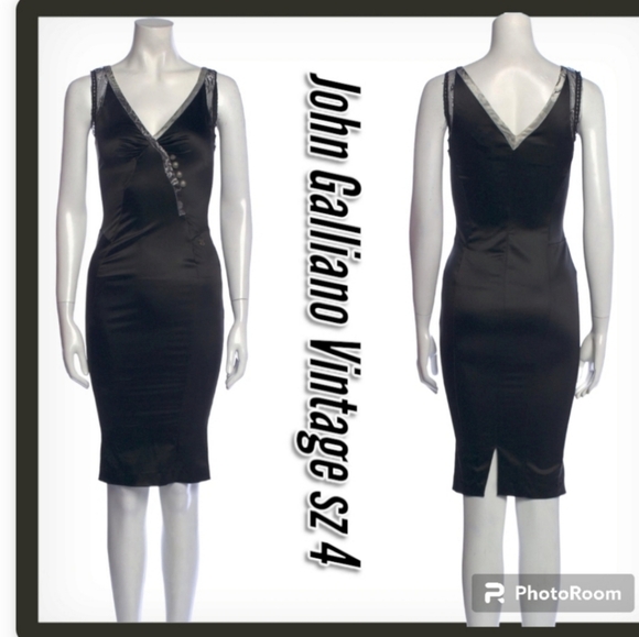 John Galliano Vintage Black Pencil Fitted satin sleevless V-neck Cocktail Dress - Picture 4 of 16